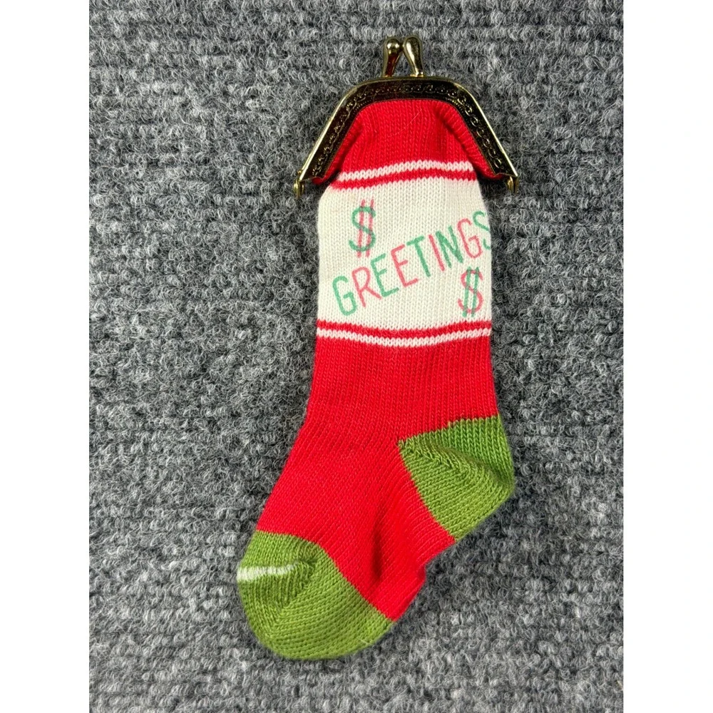 Vintage Christmas Stocking Coin Purse Kiss Lock Greetings Money Sock Red Green